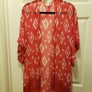 Red & White Sheer Asymmetrical Cardigan w/Fringes